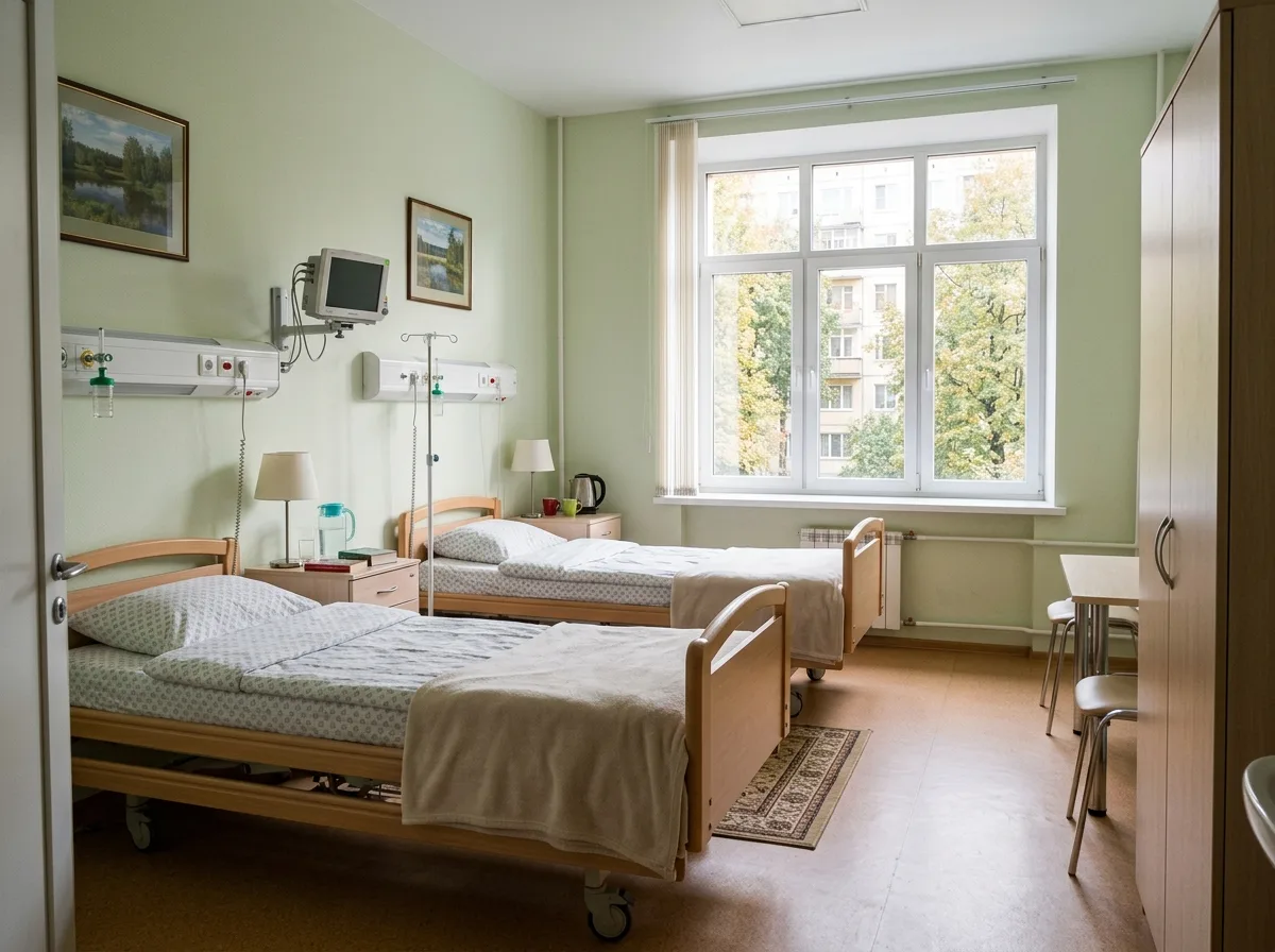 Комфортная двухместная палата наркологической клиники в Москве, чистые кровати, медицинское оборудование, дневное освещение, уютная обстановка